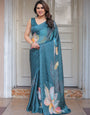 Teal Blue Large Floral Printed Satin Georgette Saree with Artistic Pallu & Unstitched Blouse – Elegant Party & Occasion Wear