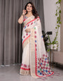 Off-White Handloom Linen Saree with Multicolor Checkered Pallu & Red-Gold Zari Border | Festive Tassel Finish | Attached Blouse | 5.5m Saree + 0.8m Blouse