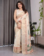 Ivory Cream Pure Handloom Linen Saree with Peach Floral Print & Zari Border | Artistic Garden Pallu & Tassels | 5.5m Saree + 0.8m Blouse