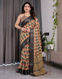 Beige Handloom Linen Saree with Red-Blue Floral Buttas & Ethnic Pallu | Antique Black Zari Border & Tassels | Attached Blouse | 5.5m Saree + 0.8m Blouse