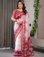 Elegant Wine Red & Ivory Printed Pure Organza Saree with Multicolor Lace Border and Artistic Motif Print | Designer Sheer Organza Saree with Attached Blouse | Festive & Occasion Wear