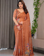 Rust Orange Floral Printed Organza Saree with Multicolour Lace Border | Lightweight Designer Organza Saree with Attached Blouse Piece | Elegant Festive & Party Wear Saree