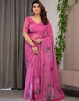 Rose Pink Floral Printed Organza Saree with Multicolour Lace Border | Designer Lightweight Organza Saree with Attached Blouse Piece | Elegant Festive & Party Wear Saree