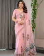 Blush Pink Printed Organza Saree with Royal Elephant Motifs & Floral Border | Designer Lightweight Organza Saree with Attached Blouse Piece | Festive & Ethnic Wear Saree
