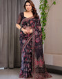 Black Floral Printed Organza Saree with Ethnic Border & Ornamental Pallu | Designer Sheer Organza Saree with Traditional Motifs & Blouse Piece | Elegant Festive & Party Wear Saree