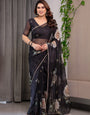 Elegant Black Floral Printed Organza Saree with Rose Motifs | Lightweight Designer Sheer Saree with Attached Blouse Piece | Party Wear & Evening Ethnic Saree