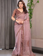 Dusty Rose Geometric Printed Organza Saree with Multicolour Lace Border | Designer Lightweight Organza Saree with Attached Blouse Piece | Elegant Contemporary Festive Saree