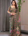 Olive Green Floral Printed Organza Saree with Multicolour Flower Motifs & Lace Border | Designer Lightweight Organza Saree with Attached Blouse Piece | Elegant Festive & Party Wear Saree