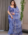 Elegant Steel Blue Printed Organza Saree with Abstract Wave Motifs & Multicolour Lace Border | Designer Lightweight Organza Saree with Attached Blouse Piece | Contemporary Festive Wear Saree