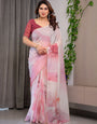 Blush Pink Designer Organza Saree with Artistic Flamingo Print & Multicolour Lace Border | Premium Lightweight Organza Saree with Attached Blouse Piece | Elegant Party & Festive Wear Saree