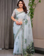 Pastel Mint Green Printed Organza Saree with Tropical Leaf Motifs | Designer Lightweight Sheer Organza Saree with Attached Blouse Piece | Elegant Festive & Day Party Saree