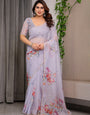 Lavender Grey Floral Printed Organza Saree with Tulip Motifs | Designer Lightweight Sheer Organza Saree with Attached Blouse Piece | Elegant Festive & Party Wear Saree