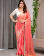 Coral Peach Fendy Satin Saree with Pearl Lace Border & Tassels | Premium Shimmer Satin Saree with Heavy Embroidered Designer Blouse | Zari Floral Embroidery Blouse Saree for Wedding & Festive Wear