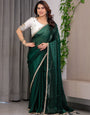 Emerald Bottle Green Fendy Satin Saree with Pearl Lace Border & Tassel Pallu | Premium Shimmer Satin Saree with Heavy Embroidered Designer Blouse | Zari Floral Paisley Embroidery Blouse Festive Saree