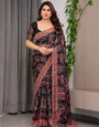 Black Designer Floral Printed Organza Saree with Traditional Paisley Border | Lightweight Sheer Organza Saree with Ethnic Motifs & Attached Blouse Piece | Festive & Party Wear Saree