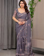 Smoky Grey Printed Organza Saree with Ethnic Motifs & Multicolour Lace Border | Designer Lightweight Organza Saree with Attached Blouse Piece | Elegant Festive & Party Wear Saree