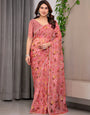 Dusty Rose Floral Printed Organza Saree | Designer Soft Sheer Organza Saree with Large Blossom Prints & Matching Blouse Piece | Elegant Party & Festive Wear Saree