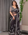Elegant Black Floral Printed Organza Saree with Intricate Ethnic Border & Multicolour Lace Edges | Lightweight Designer Organza Saree with Attached Blouse Piece | Festive & Party Wear Saree
