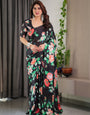 Black Floral Satin Georgette Saree with Multicolor Rose Print & Designer Tie-Back Blouse ā Premium Soft Draping Saree