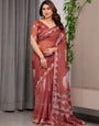 Rust Terracotta Printed Organza Saree with Mandala Motifs & Geometric Border | Designer Lightweight Organza Saree with Multicolour Lace Edge | Festive & Party Wear Saree