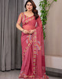 Rose Red Floral Printed Organza Saree with Multicolour Leaf Border | Lightweight Designer Organza Saree with Attached Blouse Piece | Elegant Festive & Party Wear Saree