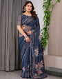 Midnight Blue Floral Printed Organza Saree with Elegant Floral Border & Multicolour Lace Edges | Designer Lightweight Organza Saree with Attached Blouse Piece | Festive & Party Wear Saree