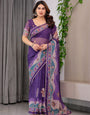 Royal Purple Printed Organza Saree with Multicolour Ethnic Border & Lace Edges | Designer Lightweight Organza Saree with Attached Blouse Piece | Festive & Party Wear Saree