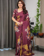 Maroon Floral Satin Georgette Saree with Mustard Leaf Print & Designer Attached Blouse ā Soft Elegant Draping Saree
