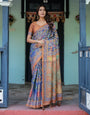 Royal Blue & Rust Handloom Cotton Saree with Bold Floral Print & Grand Peacock Pallu