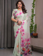 Mint Green Satin Georgette Floral Printed Saree with Attached Blouse – Soft Pastel Designer Saree with Watercolor Bloom Detailing