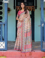 Ivory Pink Handloom Cotton Saree with Floral Print & Traditional Peacock Arch Pallu