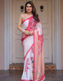 Peach Pink Botanical Printed Satin Georgette Saree with Matching Blouse – Soft Elegant Party & Day Festive Wear