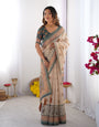 Ivory & Teal Handloom Cotton Saree with Buti Print, Mandala Motifs & Peacock Pallu