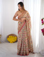 Cream Pink Handloom Linen Cotton Printed Saree with Folk Art Bird Motif Pallu