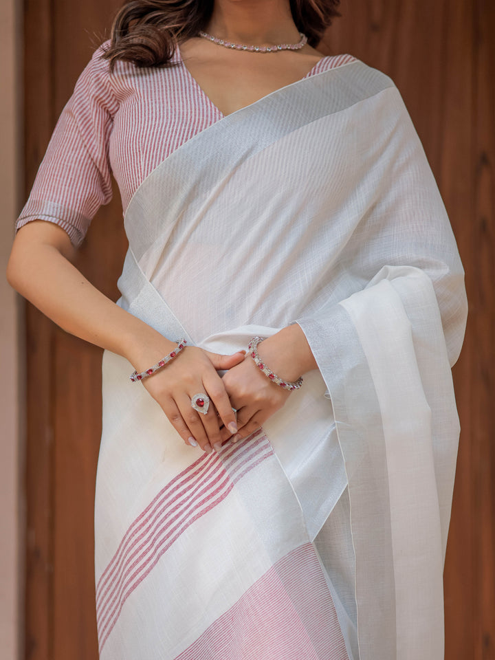 Pure White & Red Handloom Cotton Saree with Minimal Striped Border & Tassel Detailing
