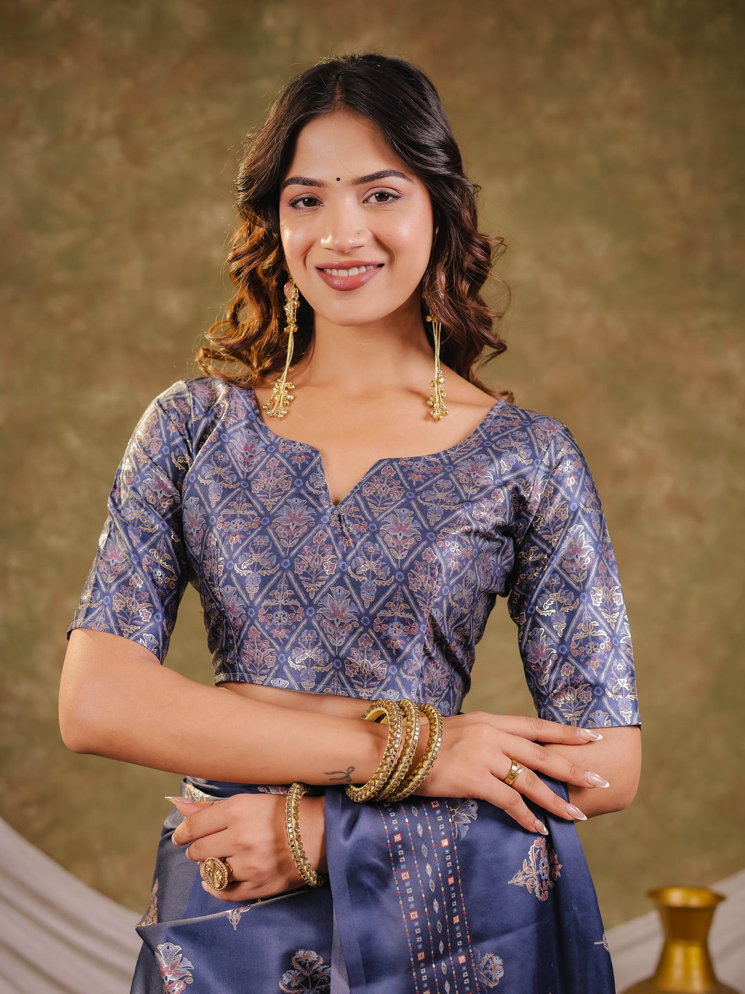 Navy Blue Pure Chinnon Ajrakh Printed Saree with Tassel Edges, Traditional Ethnic Print & Matching Blouse Piece