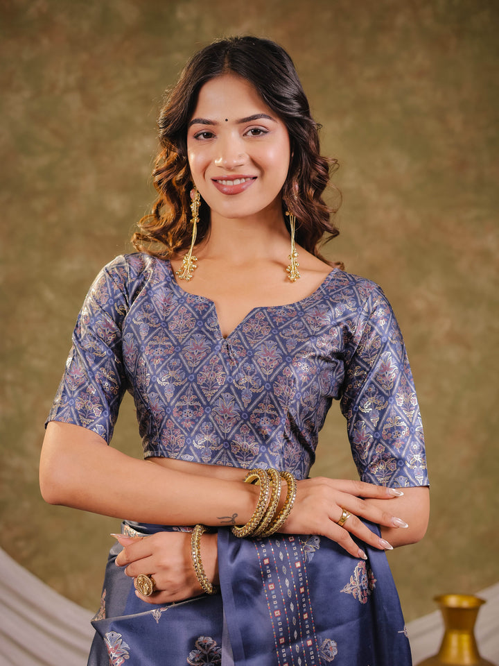 Navy Blue Pure Chinnon Ajrakh Printed Saree with Tassel Edges, Traditional Ethnic Print & Matching Blouse Piece