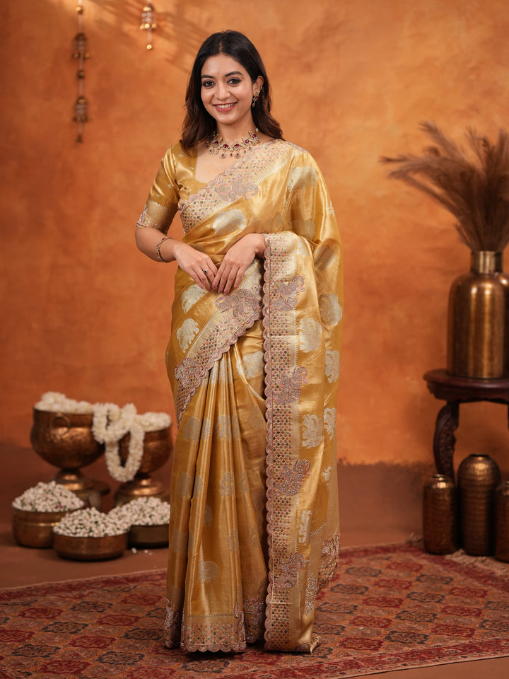 Golden Tissue Silk Embroidered Saree with Rich Zari Motifs & Designer Border | Heavy Embroidered Blouse with Tassels | Wedding & Festive Wear Saree
