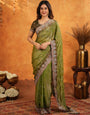 Olive Green Fendy Satin Embroidered Saree with Multicolor Floral Border & Tassels | Designer Festive Wear Saree with Heavy Embroidered Blouse