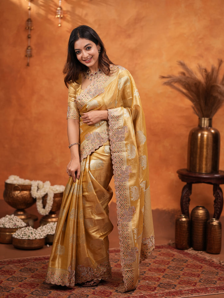 Golden Tissue Silk Embroidered Saree with Rich Zari Motifs & Designer Border | Heavy Embroidered Blouse with Tassels | Wedding & Festive Wear Saree