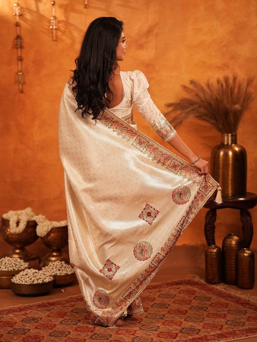 Ivory Cream Banarasi Silk Saree with Elegant Zari Weaving & Ornamental Embroidered Border | Classic Wedding & Festive Wear Saree with Blouse