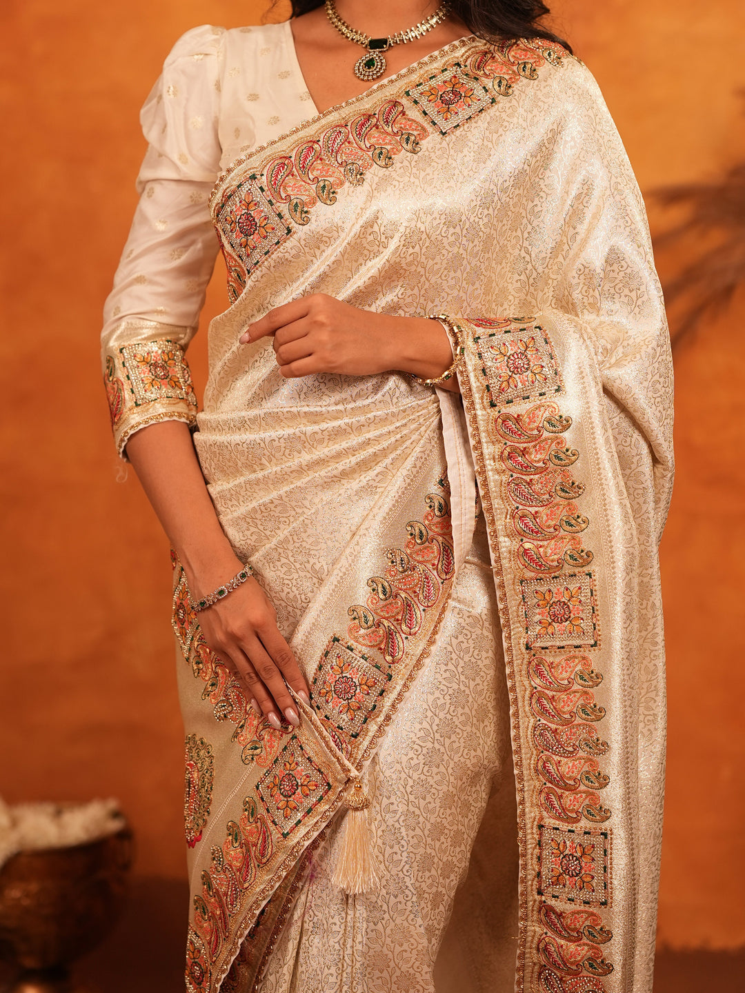 Ivory Cream Banarasi Silk Saree with Elegant Zari Weaving & Ornamental Embroidered Border | Classic Wedding & Festive Wear Saree with Blouse