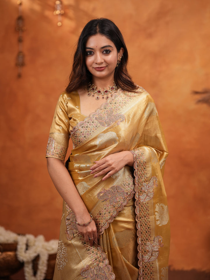 Golden Tissue Silk Embroidered Saree with Rich Zari Motifs & Designer Border | Heavy Embroidered Blouse with Tassels | Wedding & Festive Wear Saree
