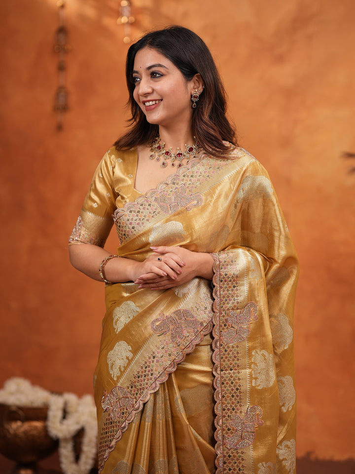Golden Tissue Silk Embroidered Saree with Rich Zari Motifs & Designer Border | Heavy Embroidered Blouse with Tassels | Wedding & Festive Wear Saree