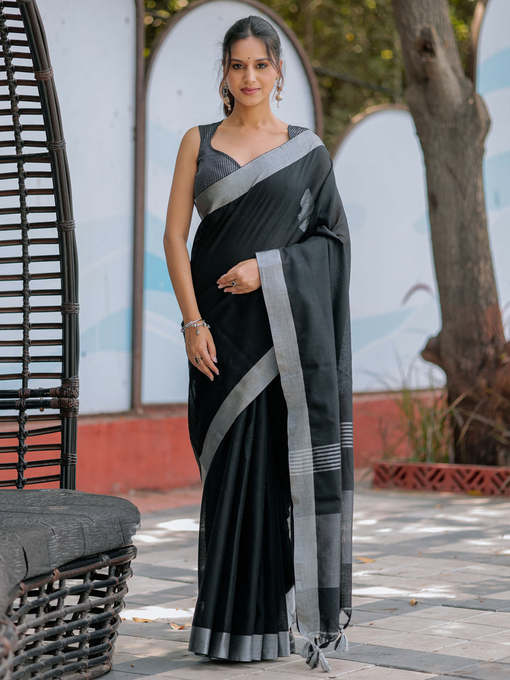 Classic Black Pure Handloom Cotton Saree with Silver Border & Tassel Detailing