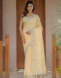 Butter Yellow Pure Handloom Cotton Saree with Golden Striped Weaving & Tassel Detailing