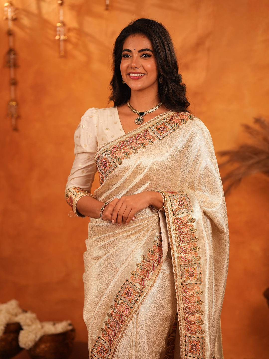 Ivory Cream Banarasi Silk Saree with Elegant Zari Weaving & Ornamental Embroidered Border | Classic Wedding & Festive Wear Saree with Blouse