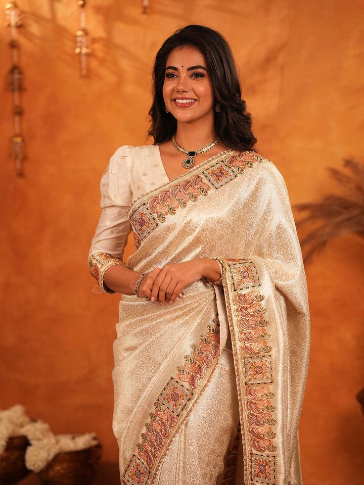 Ivory Cream Banarasi Silk Saree with Elegant Zari Weaving & Ornamental Embroidered Border | Classic Wedding & Festive Wear Saree with Blouse