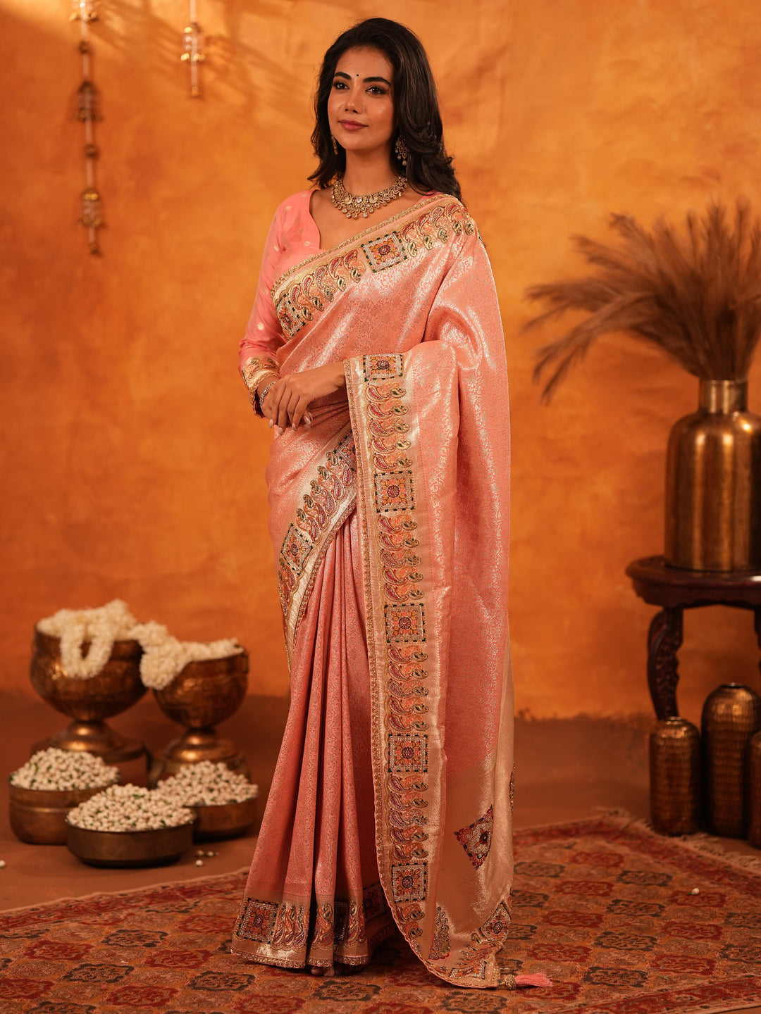 Peach Pink Banarasi Silk Saree with All-Over Zari Weaving & Rich Embroidered Border | Designer Festive & Wedding Wear Saree with Blouse