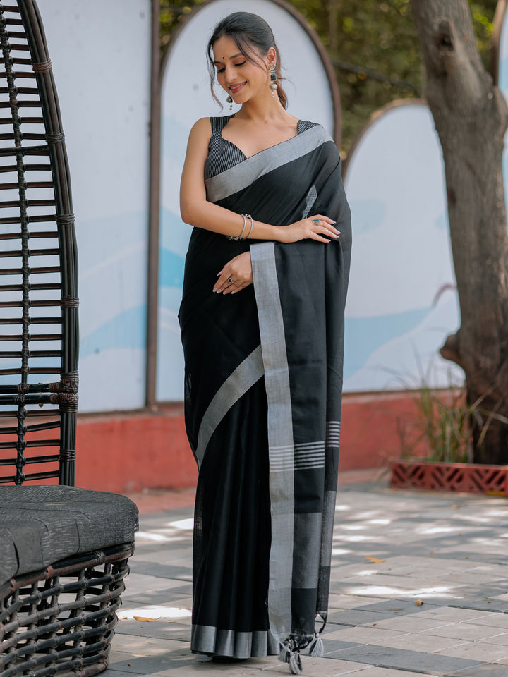 Classic Black Pure Handloom Cotton Saree with Silver Border & Tassel Detailing